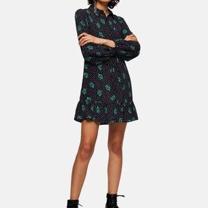 Topshop Tie Waist Rose And Dot Print Long Sleeve Dress